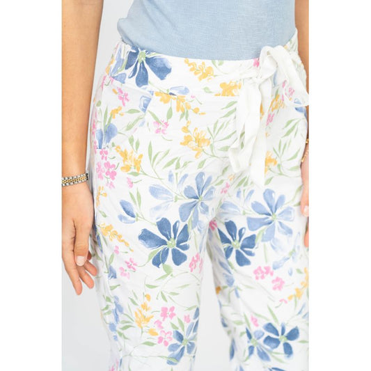 075- Look Mode White with Floral Print Stretch Pants