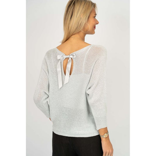 075- Look Mode Shimmer Bow Tie Dolman Sweater - White