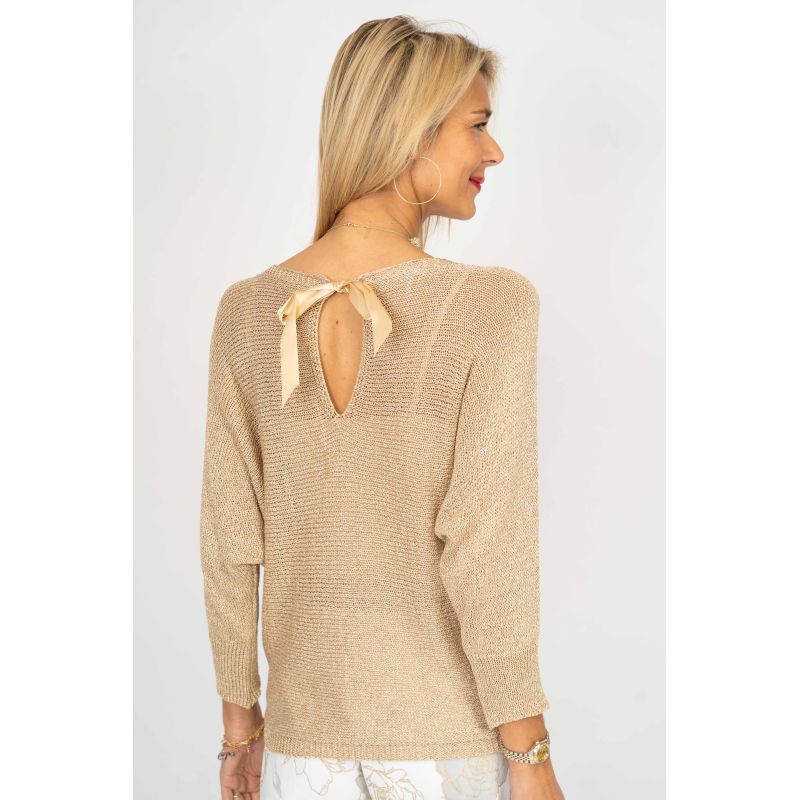 075- Look Mode Shimmer Bow Tie Dolman Sweater - Beige
