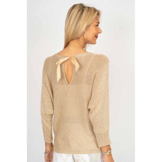 075- Look Mode Shimmer Bow Tie Dolman Sweater - Beige