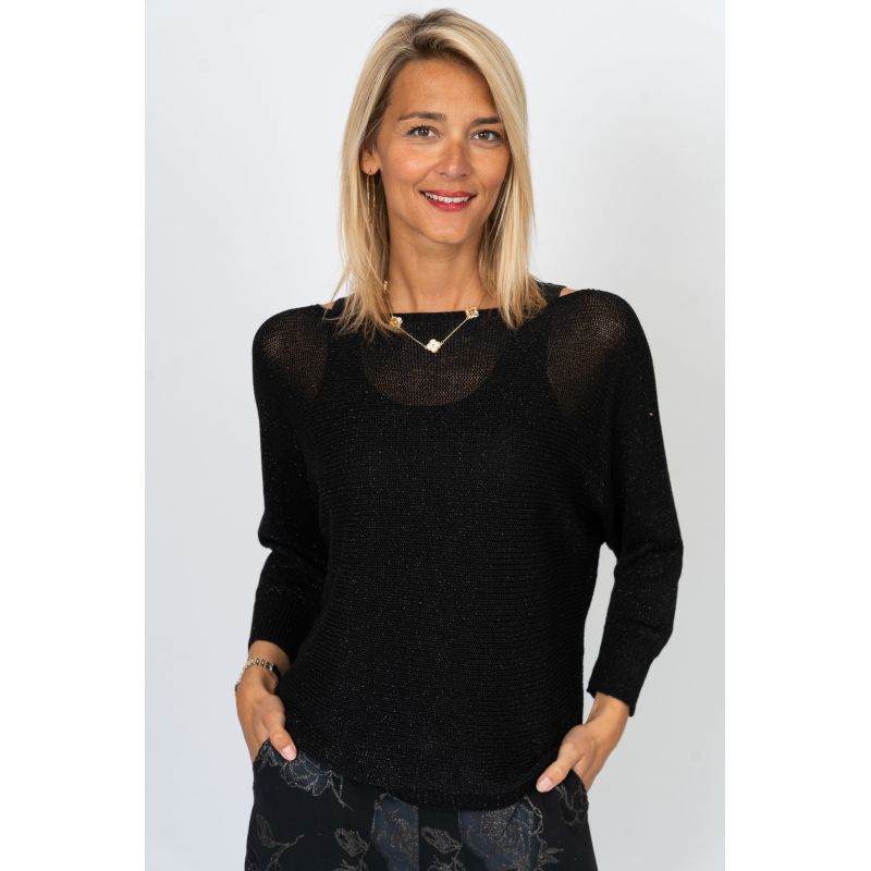 075- Look Mode Shimmer Bow Tie Dolman Sweater - Black
