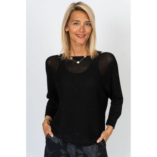 075- Look Mode Shimmer Bow Tie Dolman Sweater - Black
