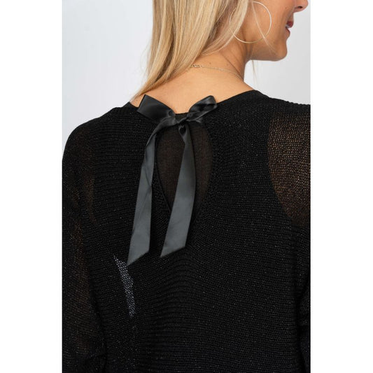 075- Look Mode Shimmer Bow Tie Dolman Sweater - Black