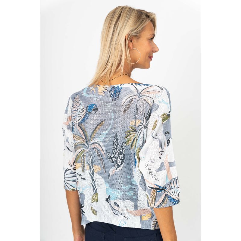 075- Look Mode Grey Parrot Print Sweater