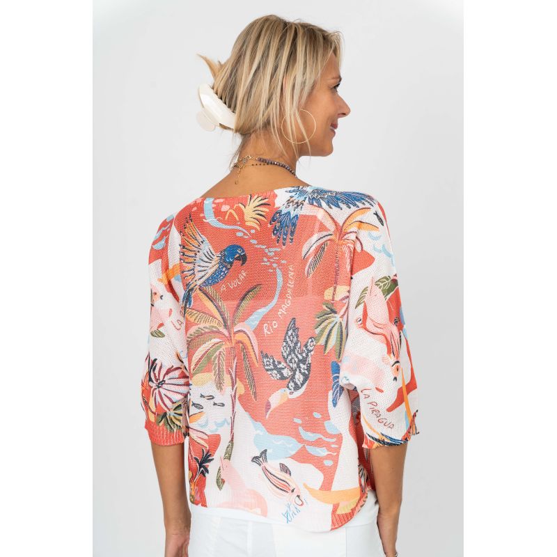 075- Look Mode Coral Parrot Print Sweater