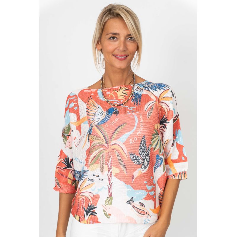 075- Look Mode Coral Parrot Print Sweater