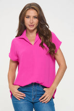 009- Last Tango Pleated Back Button Top - Hot Pink