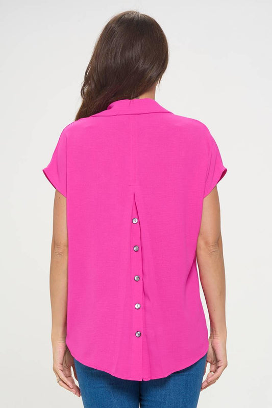 009- Last Tango Pleated Back Button Top - Hot Pink