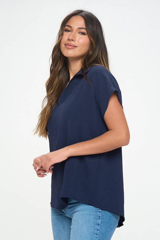 009- Last Tango Pleated Back Button Top - Navy