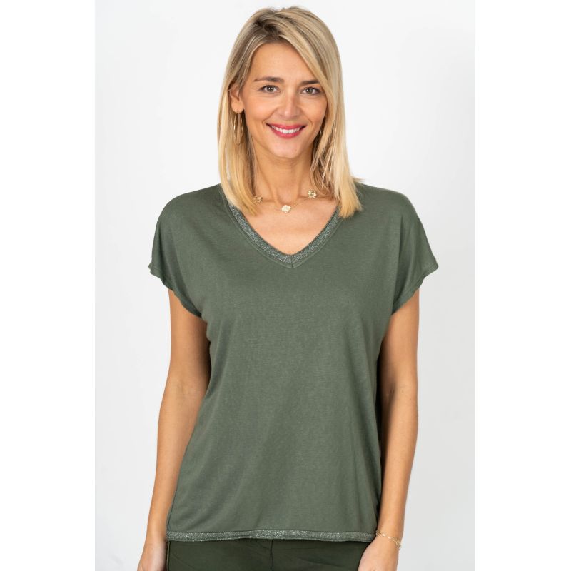 075- Look Mode Short Sleeve Glitter Tee - Olive