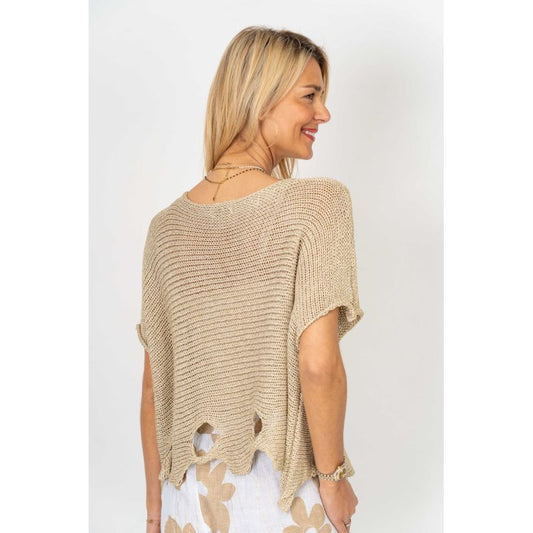 075- Look Mode Wavy Hole Sweater - Gold Shimmer