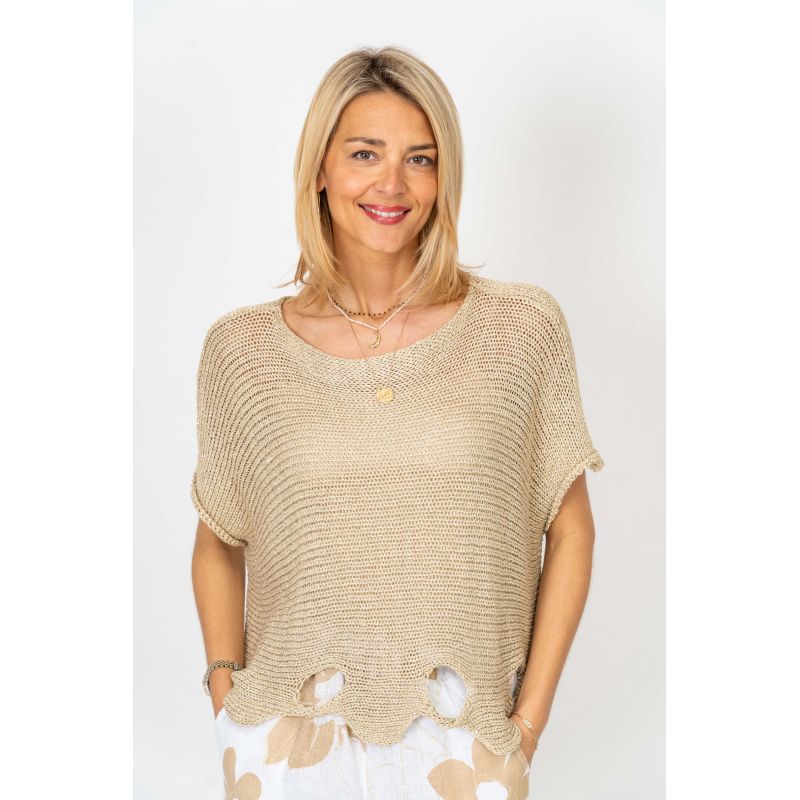 075- Look Mode Wavy Hole Sweater - Gold Shimmer