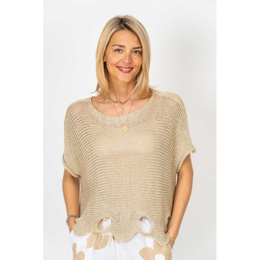 075- Look Mode Wavy Hole Sweater - Gold Shimmer