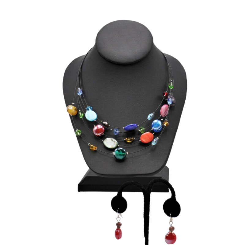NE-287 - Multi Color Beads on Wire Illusion Necklace Set