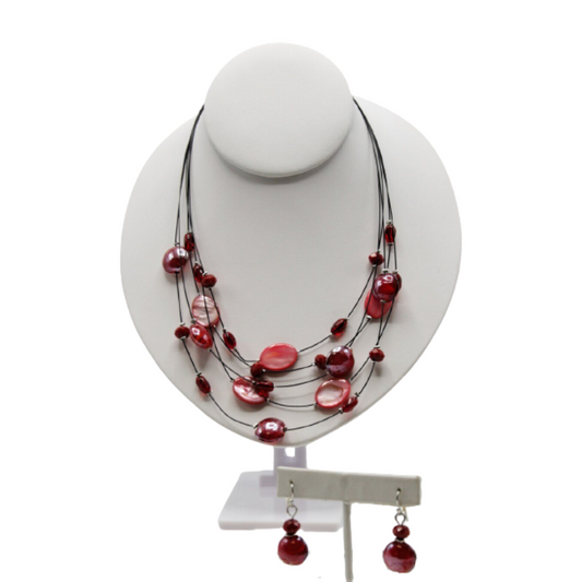 NE-286 - Red Beads on Wire Illusion Necklace Set