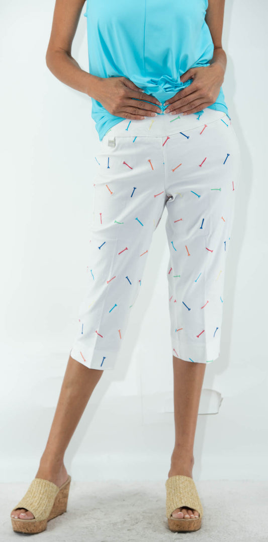 001- LuLu B White Stretch Capris with Embroidered Golf Tees