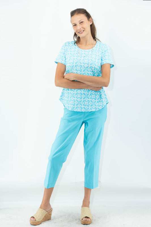 001- LuLu B Turquoise and White Short Sleeve Top