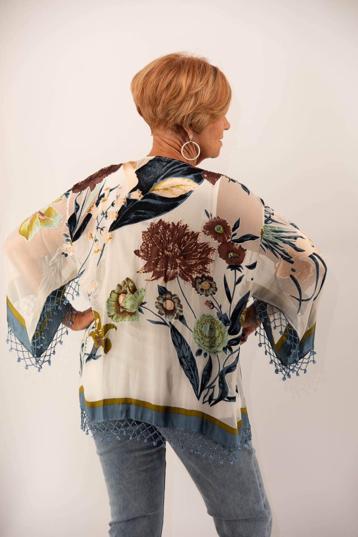 024- Shennel Blue Floral Beaded Burn-Out Kimono