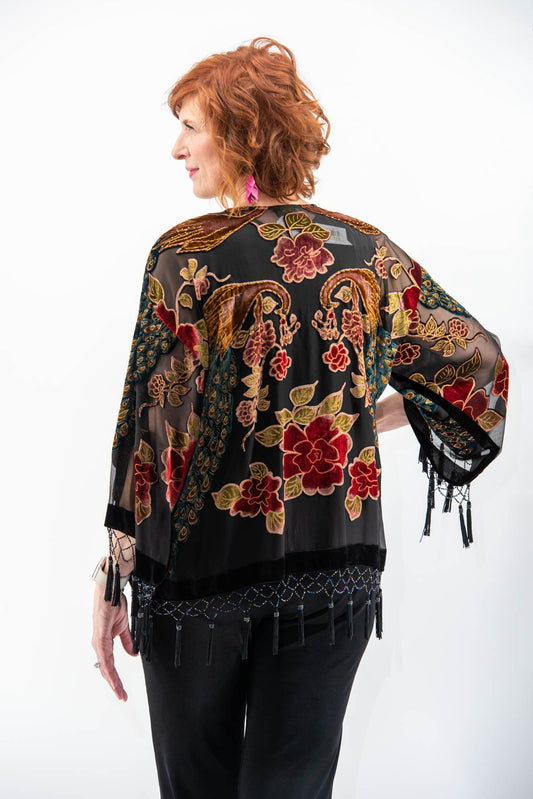 005- Arisa Black Beaded Peacock Kimono