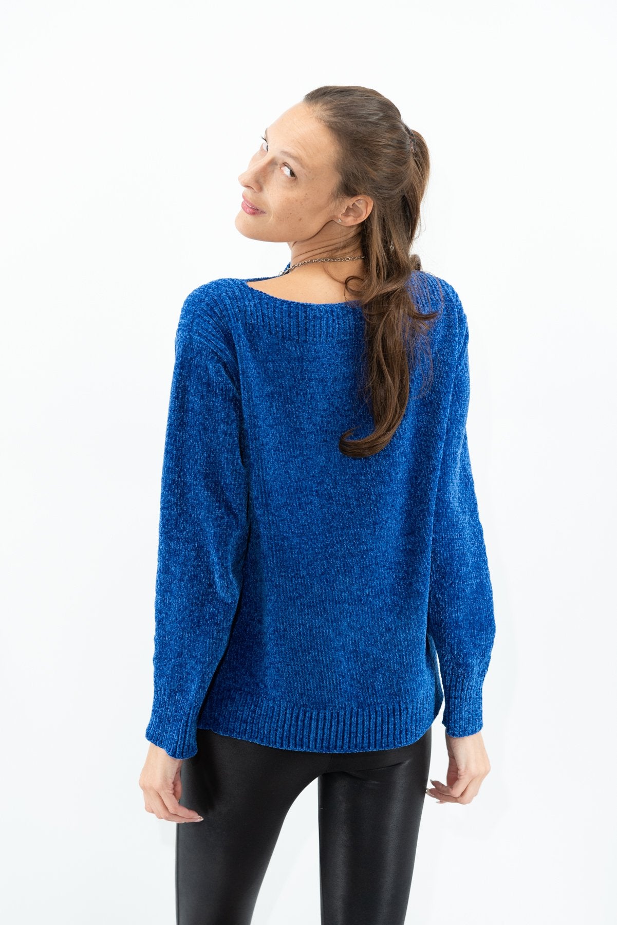 001- LuLu B Chenille Trim Pullover Sweater - Blue