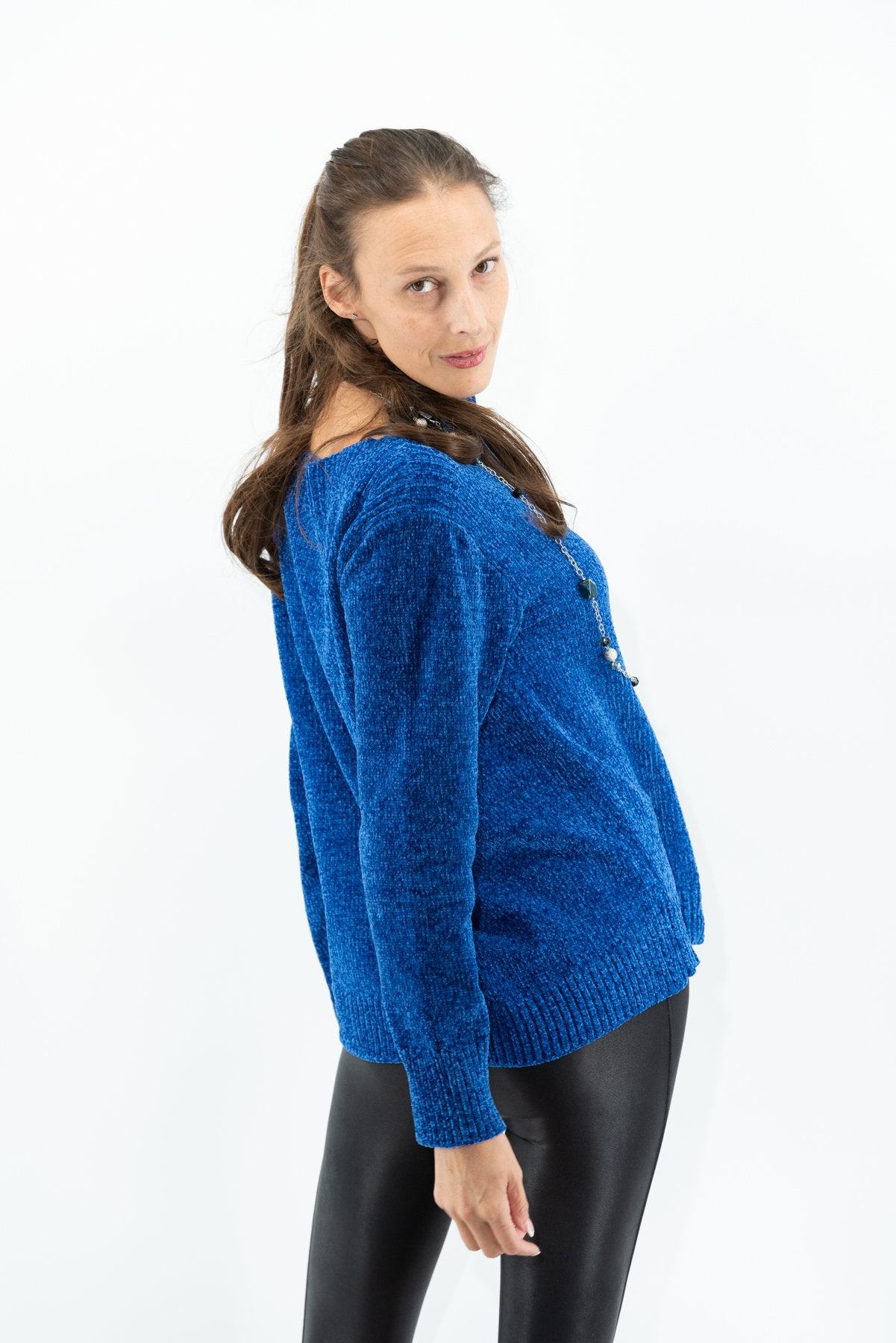 001- LuLu B Chenille Trim Pullover Sweater - Blue
