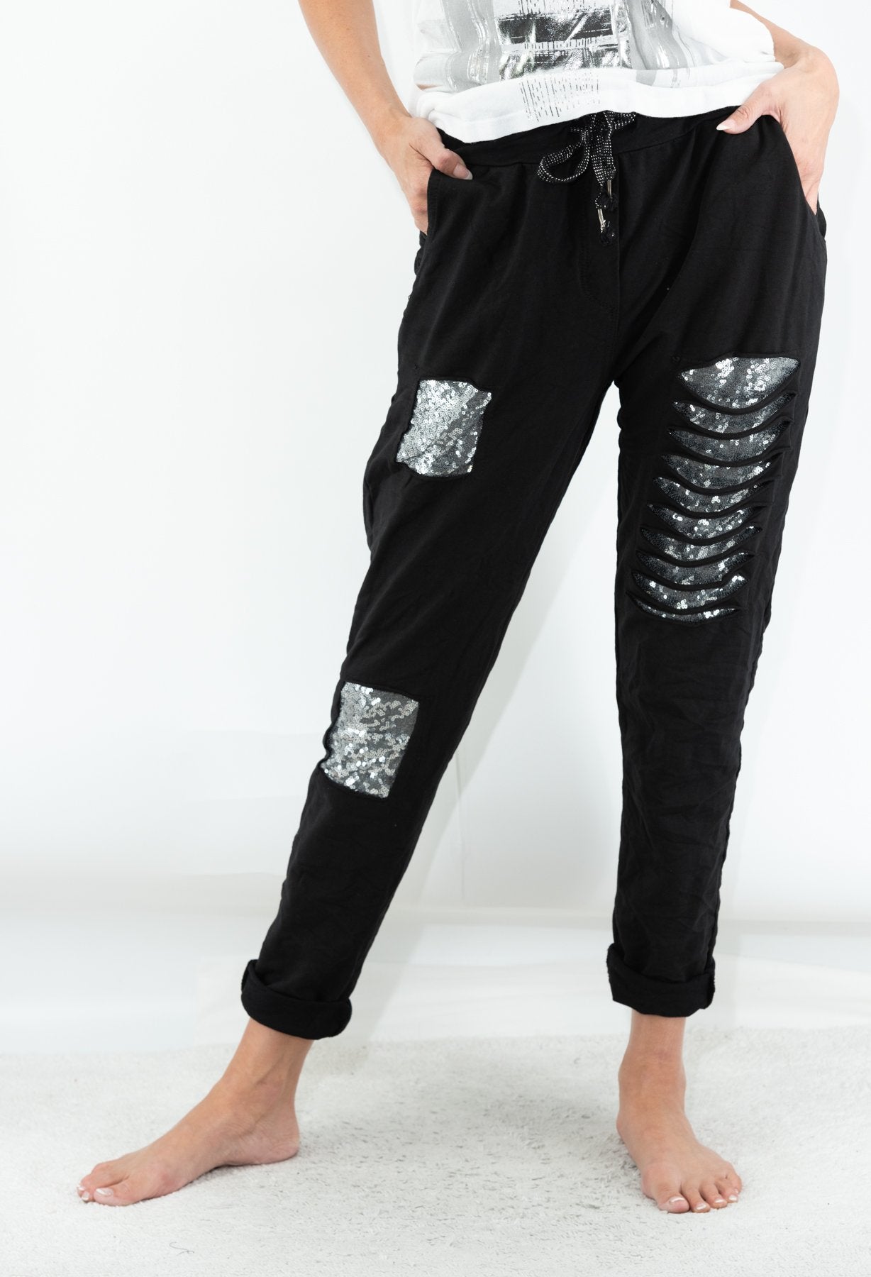 075- Look Mode Black Sequin Patch Stretch Pant