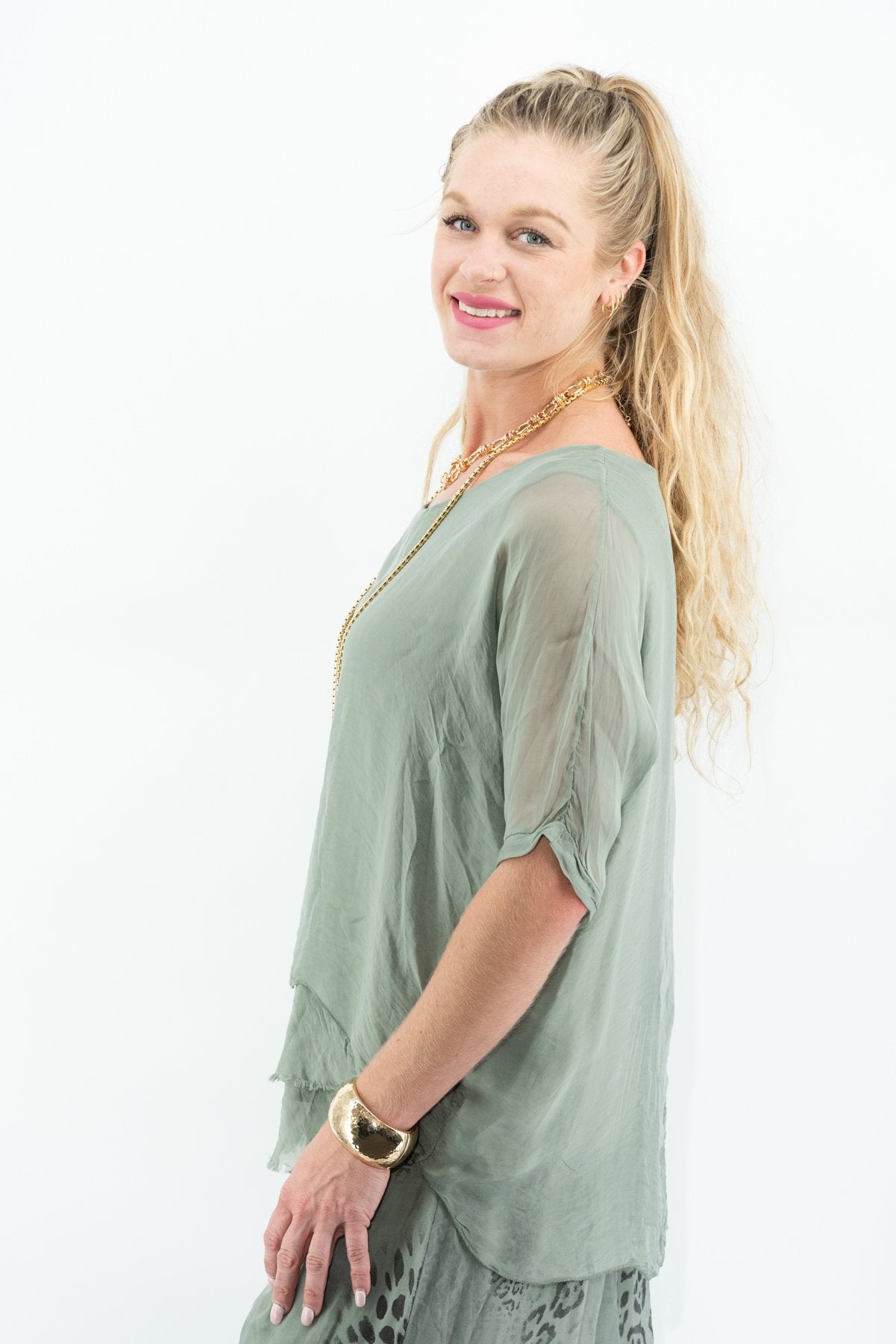 075- Look Mode Silk Sage Double Layered Top