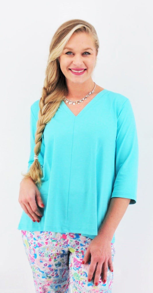 001- LuLu B Tahiti Turquoise "V" Neck Center Seam Top