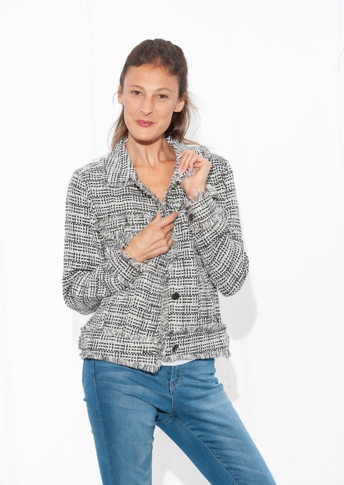 Women's Chanel-Style Tweed Jacket - Extra Length and Fringe / Gray