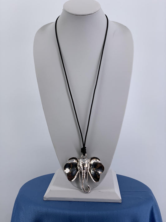 N-329   Elephant in Silver on Leather Necklace