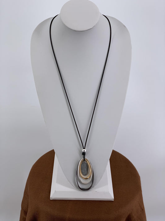 N-331   Tri-tone  Matte Ovals on Black Leather Necklace