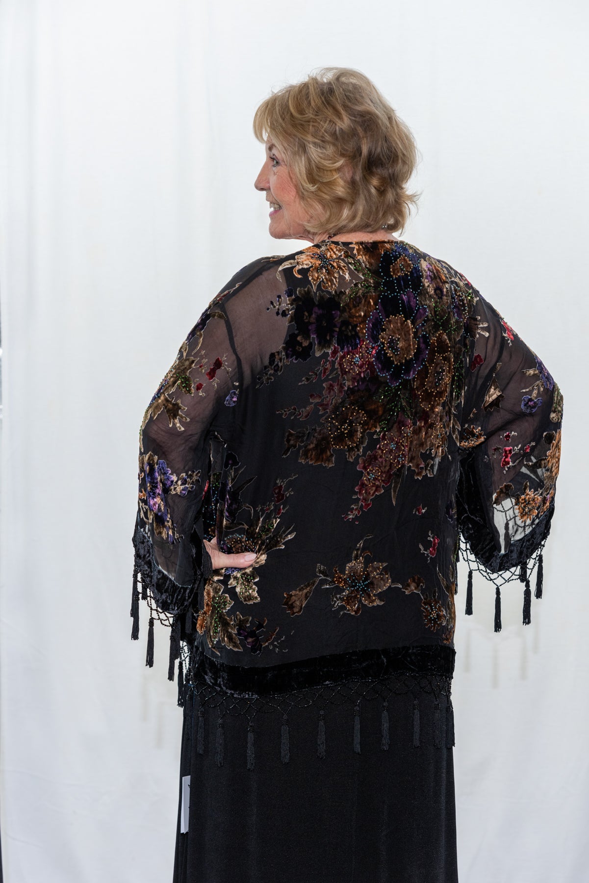 005- Arisa A Black Velvet Floral Fringed Kimono