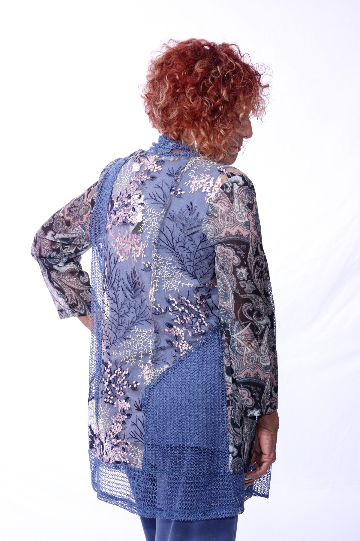 024- Shennel Blue Embroidered Mesh and Crochet Jacket