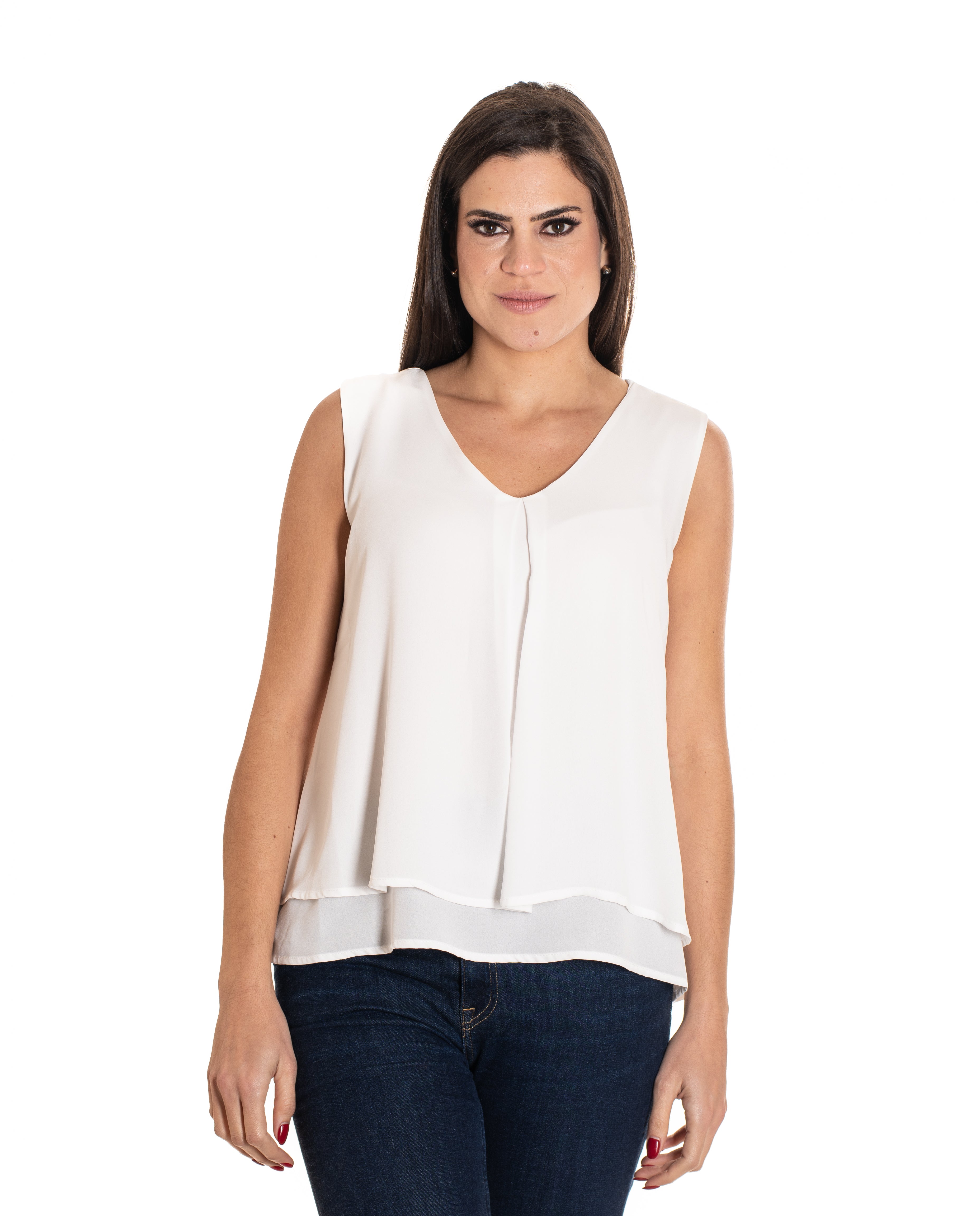 037- Vecceli White Double Layer Sleevless V-Neck Top – A'Tu Jewelry and ...