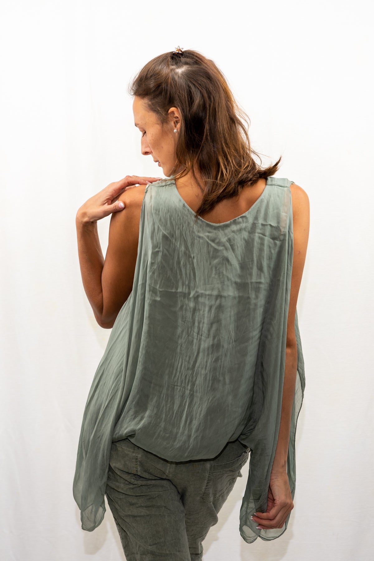 075- Look Mode Olive Open shoulder Silk Top