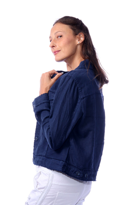 001- LuLu B Navy Linen Fringed Short Jacket