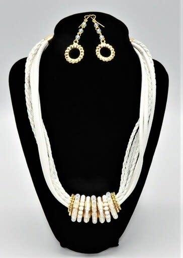 NE-054  White Leather Strands with Rings Set